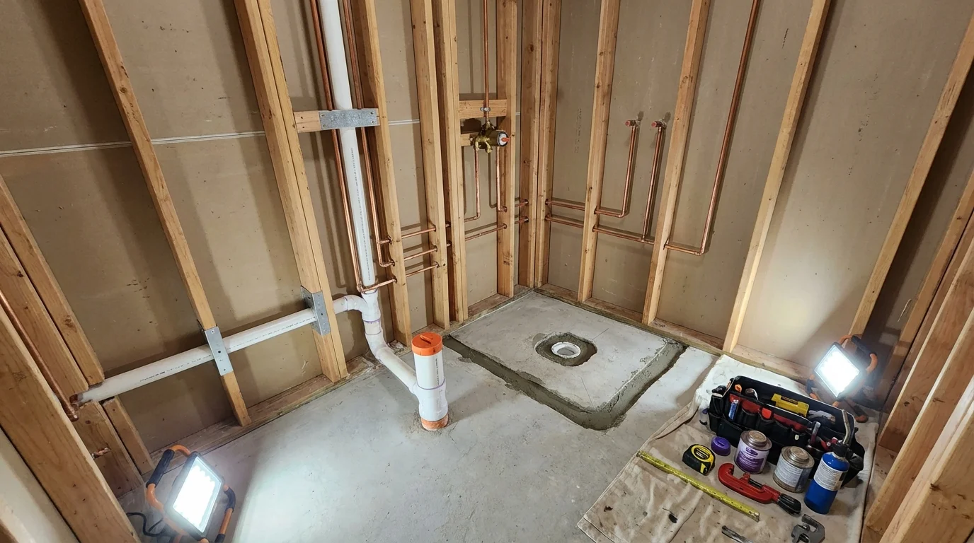 Bathroom rough-in plumbing during remodel by Johns Plumbing LLC in Healdsburg
