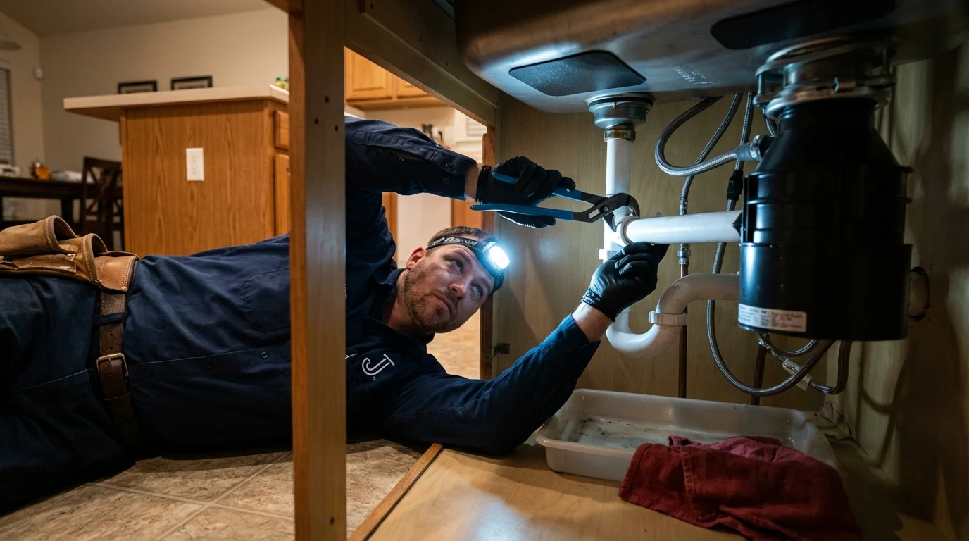 P-trap and supply line connections under a kitchen sink showing a common leak point in Healdsburg, CA